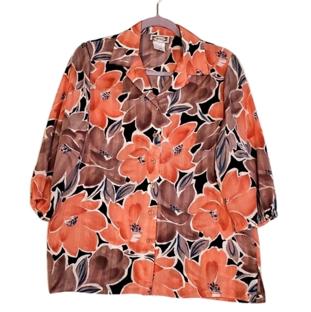 Frayne U.S.A. Floral Coral Brown Buttonup‎ Blouse Shirt Size Small Pre-owned